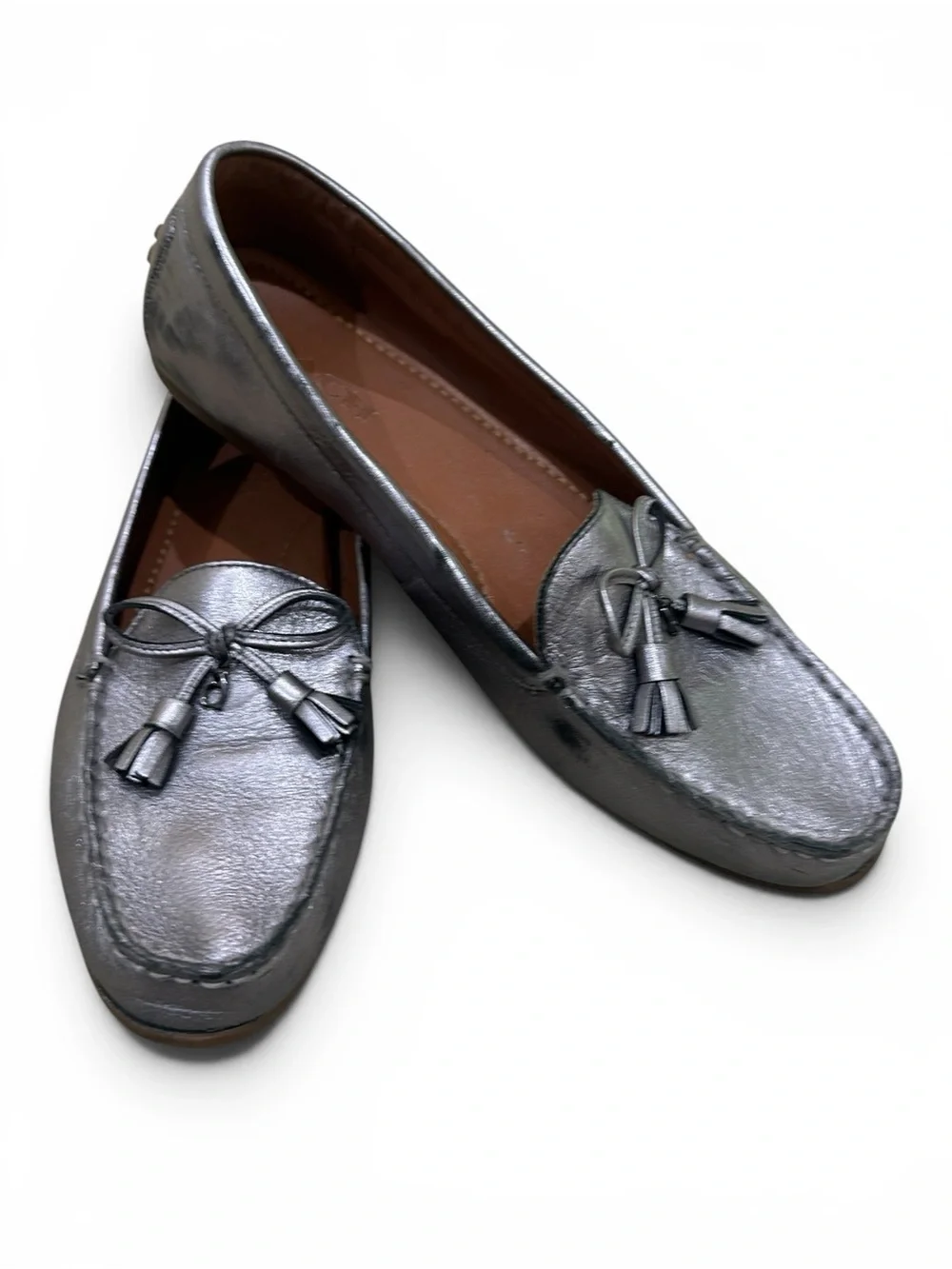 Coach Metallic gunmetal slip-on Tassel bow driving walking Loafers size 10 - Picture 1 of 13
